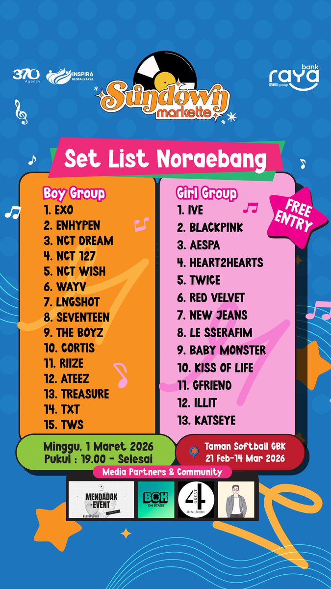 BOK_OnStage's tweet photo. TODAY! 🔥
Siapkan energi kalian karena Sundown Markette bakal berubah jadi panggung Live Noraebang!

Save the date:
🗓 Minggu, 01 Maret 2026
⏰ 19.00 - Selesai
📍 Taman Softball GBK Jakarta
🎁 Gift for the best moves and singing 

#NoraebangJakarta #multifandom https://t.co/EuLBb02HK1