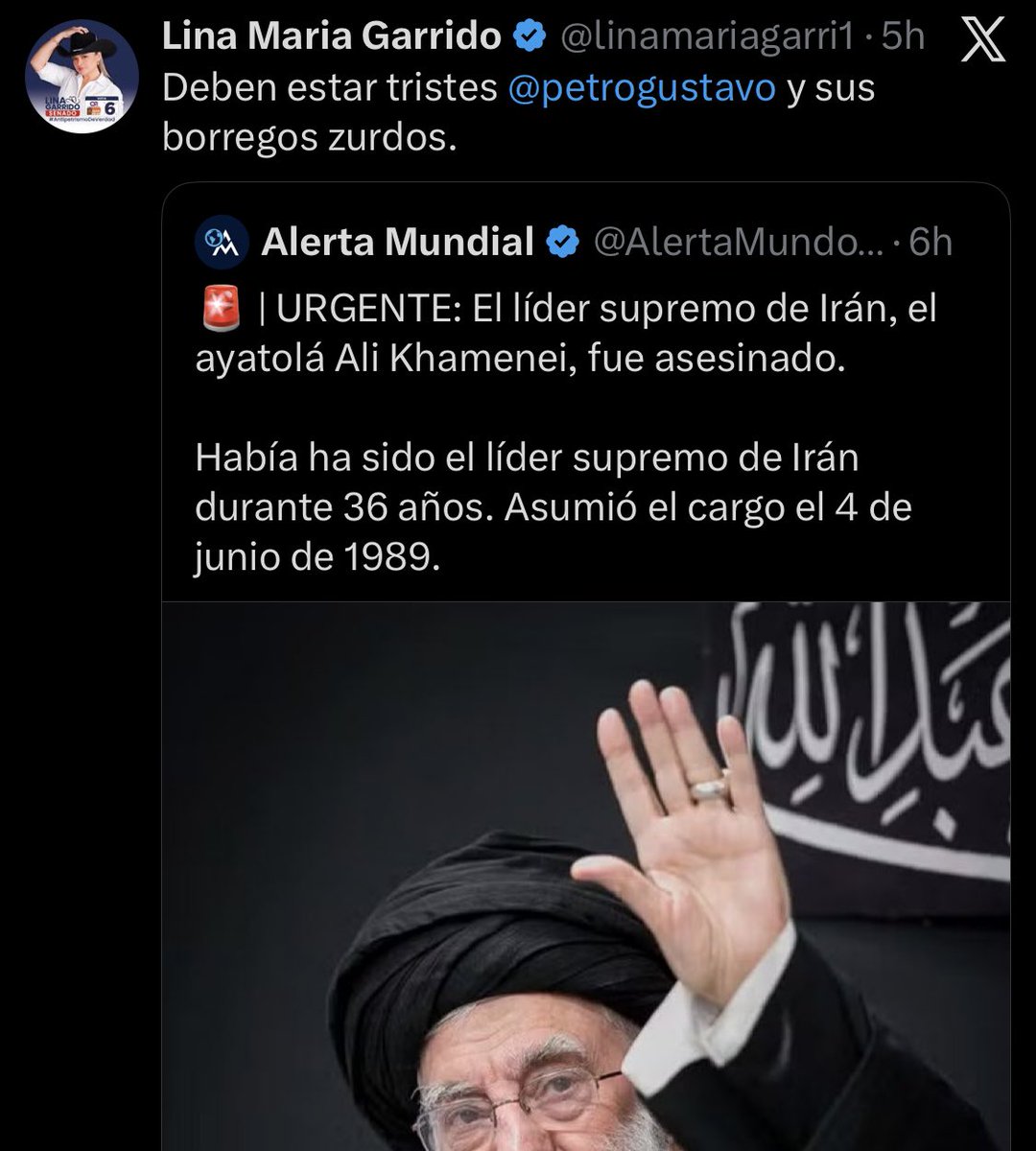 El mundo en guerra, tanto por evaluar en geopolítica y esta analfabeta ⁦<a href="/linamariagarri1/">Lina Maria Garrido</a>⁩ sale con esta estupidez.

Colombia no merece este tipo de personas en el congreso, que solo sabe decir lo que le sale del intestino y cree que todo es izquierda y derecha!