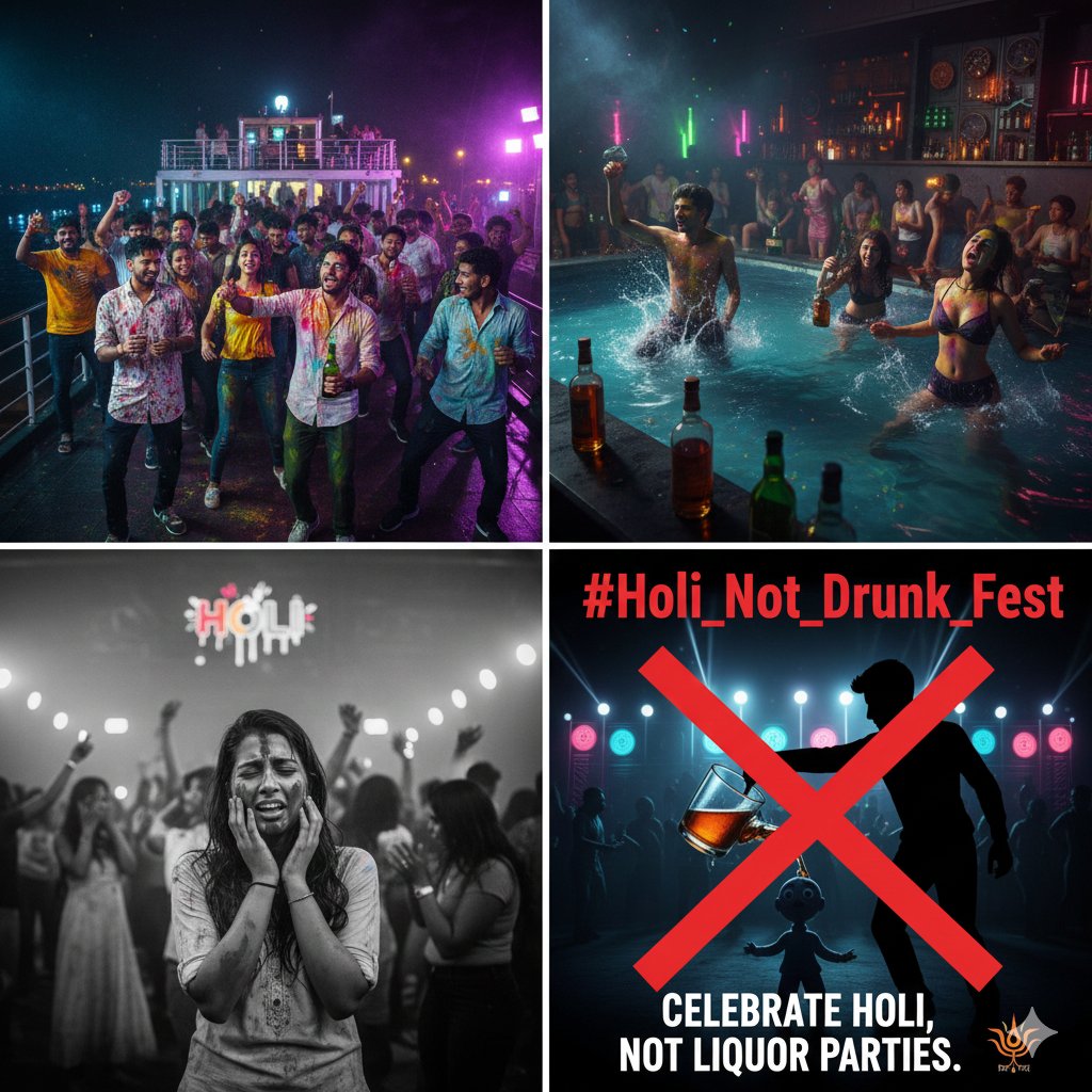 #Holi_Not_Drunk_Fest
Celebrate Holi Not Liquor Parties

दुर्भाग्यवश गोवा तथा अन्य कुछ स्थानों पर होली के अवसर पर कई नाइट क्लबों और रिवर क्रूज़ पर “रेन डांस”, “डीजे”, “पूल पार्टी” और असीमित शराब के साथ तथाकथित होली पार्टियों का आयोजन घोषित किया गया है!
हिंदू सभ्यता का मज़ाक़!?