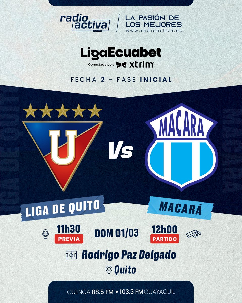 🎤 La #LigaEcuabet se juega en Radioactiva 🏆 

👉🏻 Desde las 11:30 no te pierdas la previa y el partido #LDU ⚪️🔴 🆚 #Macará 🔵⚪️, junto a la pasión de los mejores. 

📻 88.5FM CUE | 103.3FM GYE
🌍 radioactiva.ec
📱 Facebook y Youtube Live