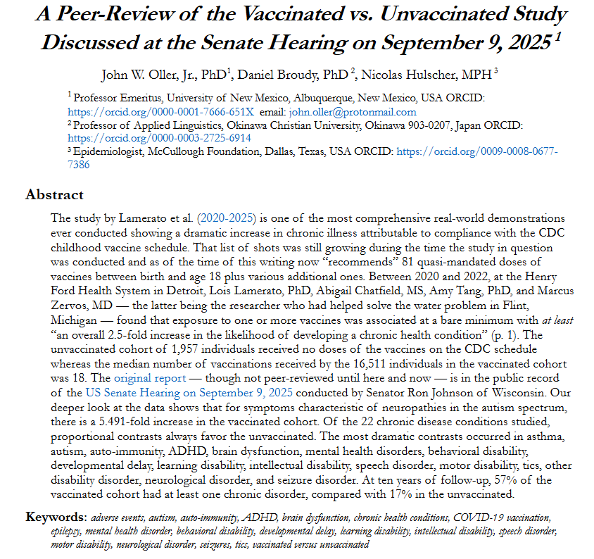 NikolovScience's tweet photo. The 2021 study by the Henry Ford Medical Center comparing health outcomes in vaccinated vs. unvaccinated children has been peer-reviewed and the review was published in the International Journal of Vaccine Theory, Practice, and Research:
https://t.co/AdCSL6Ucvl

Vaccinated kids are MUCH sicker than unvaccinated ones within a 10 yea follow-up period!