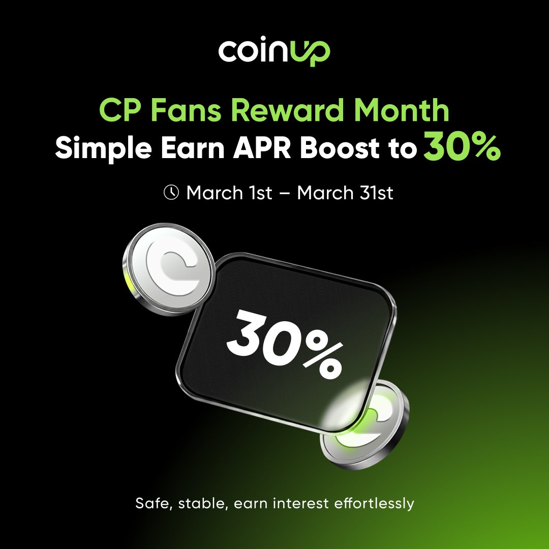 CoinUpOfficials's tweet photo. 🤔 Why let your CP sit idle?
🚀 This March, boost your yield to 30% APR with Simple Earn.
📅 March 1 – March 31
✨ Limited-time APR boost.
💰 Stake. Relax. Earn with CoinUp.
🔗 More details: https://t.co/s9EnxXnKjb
#CoinUp #CP #SimpleEarn https://t.co/q3pQ6pVmWx