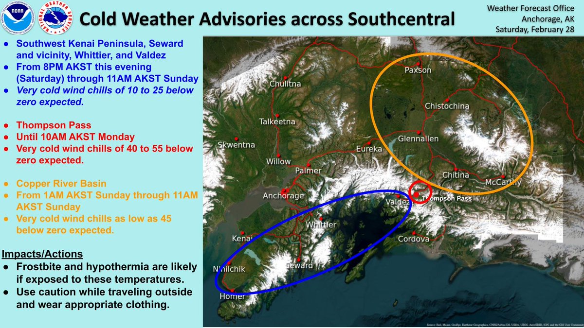NWSAnchorage's tweet image. Arctic air is locked in over Southcentral Alaska with occasional gusty winds. Cold Weather Advisories are in effect for: Southwest Kenai Peninsula (Homer to Ninilchik), Seward area, Whittier, Valdez/Thompson Pass, and the Copper River Basin. See the graphic for more info. #Cold