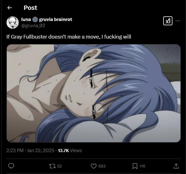 Why do Gruvia shippers even ship Gruvia if they clearly can’t stand Gray? It makes zero fucking sense. The second he doesn’t act the way they want, they trash him, call him names, and blame him for not instantly worshipping Juvia.