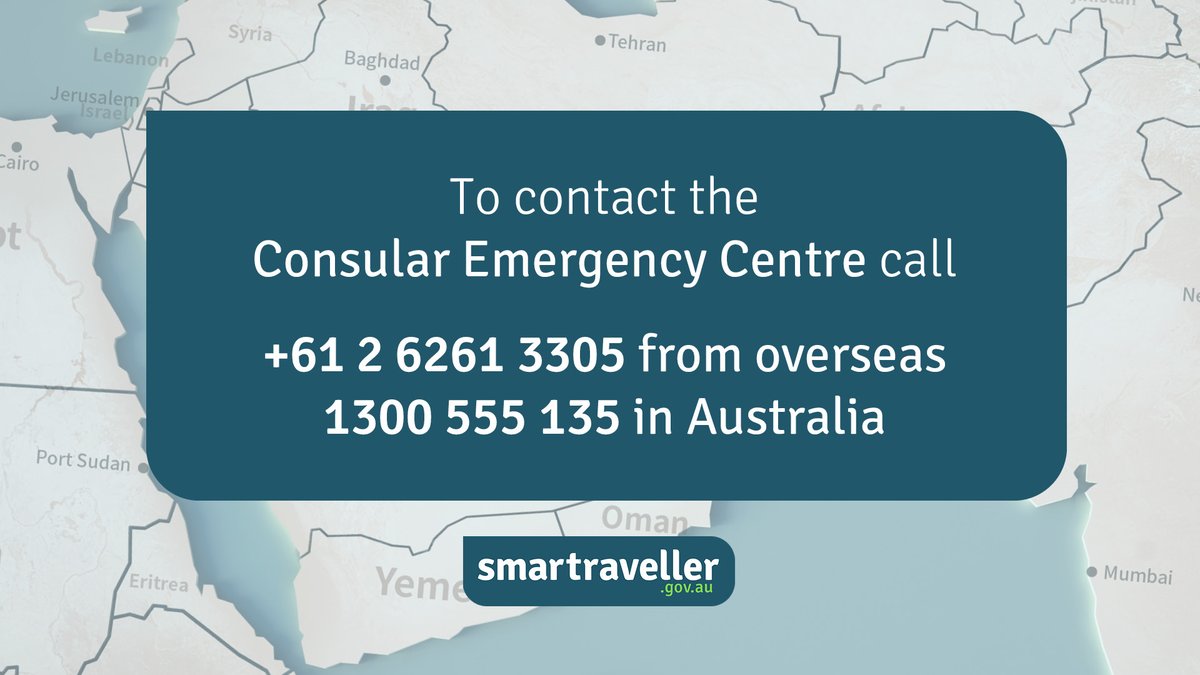We are aware that due to the situation on the ground there are reported phone connectivity issues in several destinations in the Middle East. We are diverting phone lines for affected Embassies and Consulates to the Consular Emergency Centre in Canberra.