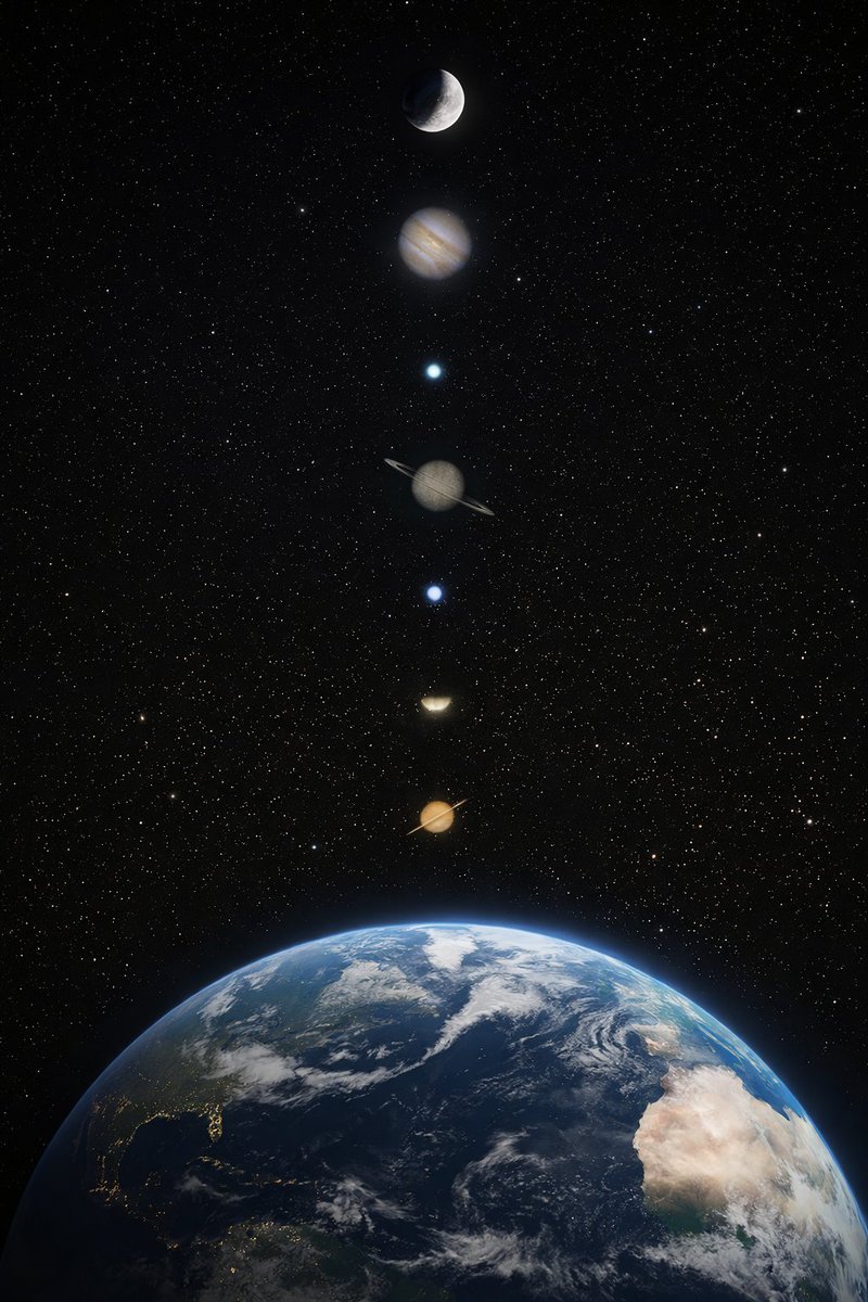 Ammar1176708's tweet photo. 🚨✨ RARE SKY ALIGNMENT. FEBRUARY 28, 2026: SEVEN WORLDS AND A VISITOR ABOVE EARTH ✨🚨
by Ammar A. https://t.co/7Y1mPuUTIJ

Step outside just after sunset on February 28, 2026, and look west. In one sweeping arc above Earth’s horizon, the inner and outer giants line up in a breathtaking chain: Mercury low and faint in the glow, brilliant Venus shining steady, distant Neptune hidden in binocular reach, golden Saturn with its thin rings, icy Uranus glowing softly, and commanding Jupiter dominating the upper sky. And above them all, the Moon hangs like a silent guardian. It’s the kind of alignment that reminds you how flat the solar system truly is a cosmic highway drawn across the twilight.

But this night carries something more. As Jupiter holds court among the stars, comet 3I/ATLAS approaches the giant planet’s realm a faint, persistent traveler still alive against the darkness. Through careful tracking and stacked imaging, its fragile glow can be traced inching closer to Jupiter’s position in the sky. It’s not just a lineup of planets. It’s a moment in motion worlds, a moon, and an interstellar wanderer sharing the same celestial stage. Nights like this are why we keep watching.

#Astronomy #PlanetAlignment #Jupiter #Saturn #Venus #Mercury #Uranus #Neptune #Moon #3IATLAS #Comet #Astrophotography #SpaceWeather #SolarSystem #Feb282026