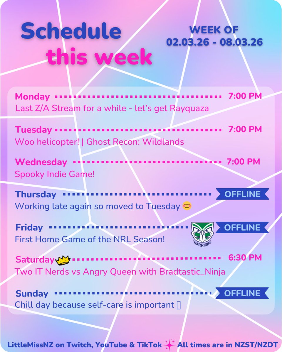 Schedule for the week of 2nd March

This week sees the last stream for Pokemon Legends: Z/A for the time being as we jump into Pokemon Pokopia next week!

Making more progress taking down the drug cartel in Bolivia in Ghost Recon: Wildlands.

Spooky indie goodness playing