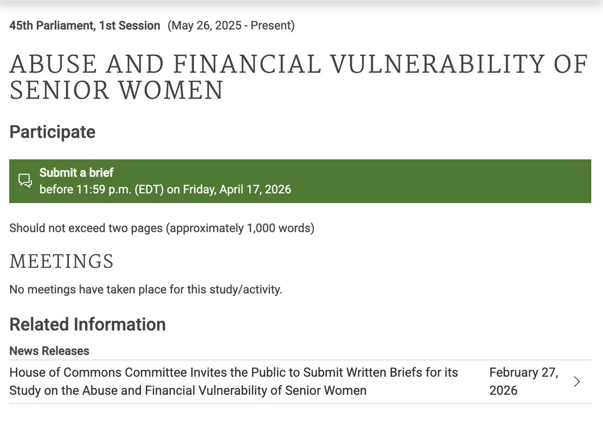 WomenAreRealCAN's tweet photo. 📢🇨🇦 Call for briefs for #FEWO Standing Committee on the Status of Women's study on the abuse and financial vulnerability of senior women.
Deadline: April 17, 2026
News Release: https://t.co/XRnEPNdxRv https://t.co/7FkmrJ3jH7