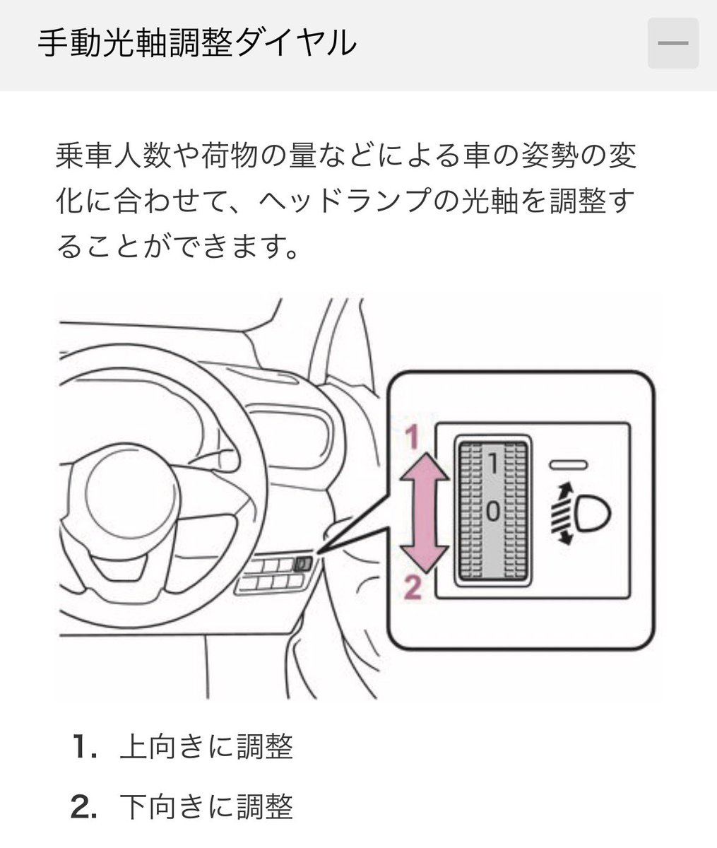 gucchi23's tweet photo. ヘッドライトの光軸を1番下にセットしたままで、目の前の道路だけ照らしてる車が増えた気がする。
普通に危ない（被視認性が低下）し、光軸調整ダイヤルがある車は自分で光軸を変更できるので確認してほしい。
※ダイヤルが無い車は自動で調整する機能がほぼ付いてるかと https://t.co/6SFc2uitvZ
