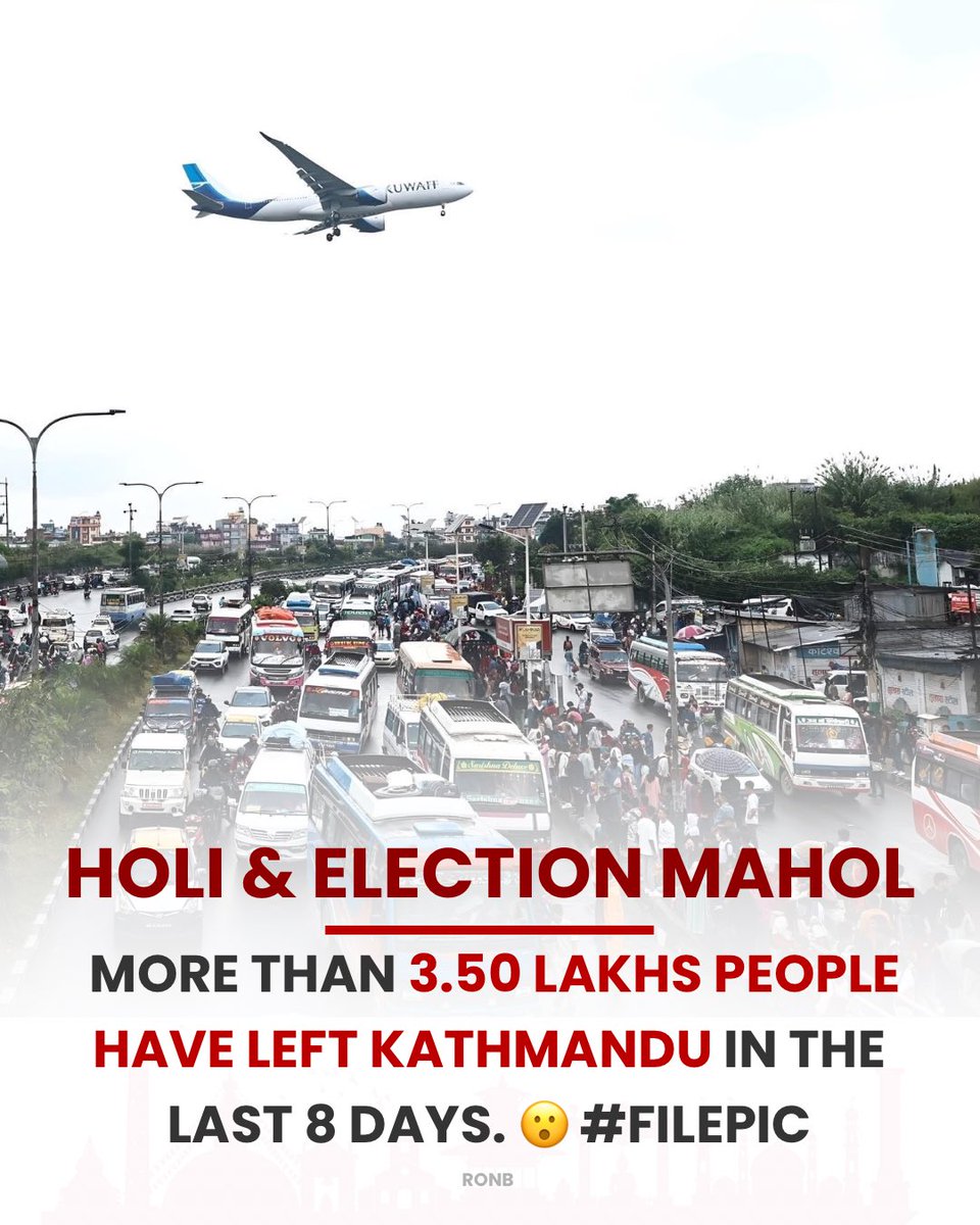 RONBupdates's tweet photo. Holi & Election Mahol: More than 3.50 Lakhs people have left Kathmandu in the last 8 days. 😮 #FilePic https://t.co/944s9vYvMt