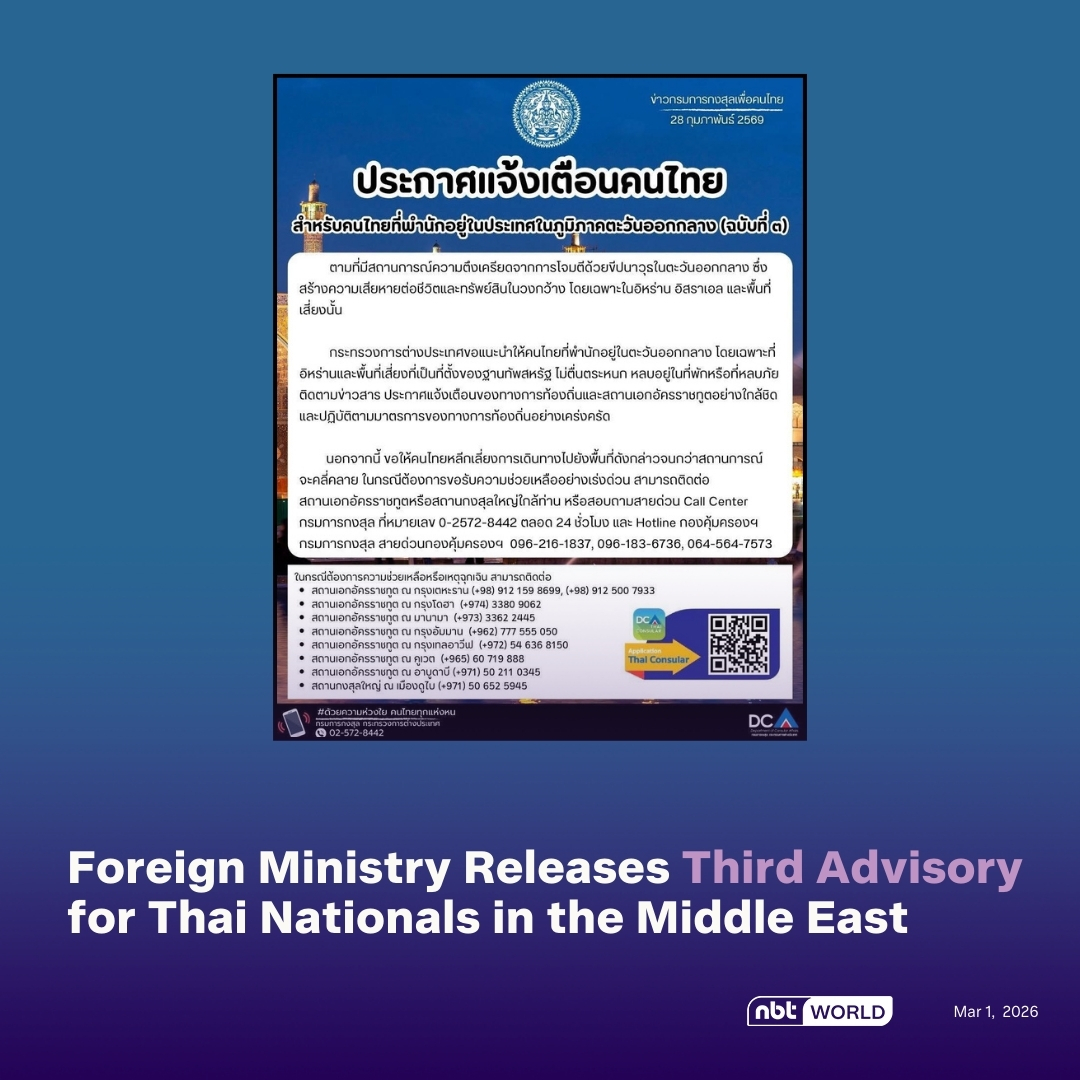 NBTWORLDNews's tweet image. The Ministry of Foreign Affairs issues a third advisory for Thai nationals in the Middle East to remain calm and stay indoors.

See more: Facebook.com/nbtworld

#MFA #MiddleEast #TravelAdvisory #CitizenSafety #ThailandConsularSupport #Iran #Israel #NBTWorld