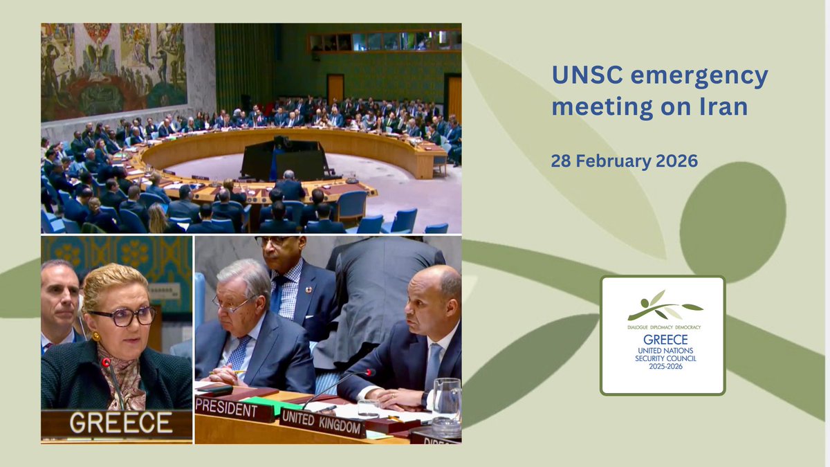 At today's UNSC meeting on Iran, the PR of 🇬🇷:

↪ stressed the need for restraint, warning against the consequences of a prolonged crisis
↪ strongly condemned Iranian strikes against Bahrain, Jordan, Kuwait, Qatar, Saudi Arabia &amp; UAE
↪ underscored that Iran should never be