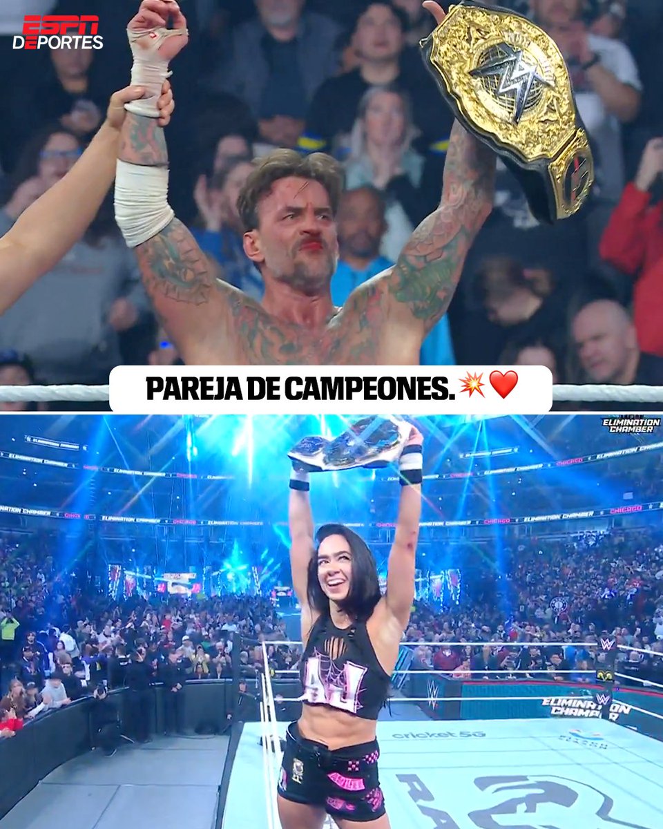 ESPNDeportes's tweet photo. La poderosa pareja de CM Punk y AJ Lee se llevan a casa sus campeonatos de la WWE.❤️💥

AJ Lee el título intercontinental de mujeres y CM Punk el título de peso pesado.💥🤩
(Vía ESPN Ringside) https://t.co/wEc4PLi8o4