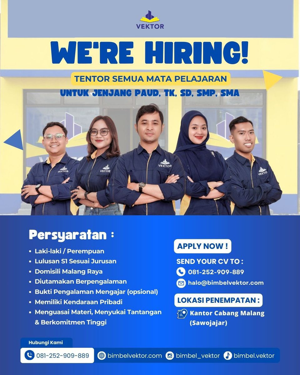 Halo warga wargi Malang⭐
Ada bimbel baru nih di Sawojajar (Malang). Kuy yg mau join jd Tentor di Bimbel Vektor, boleh dicoba nihhh😍🥰
#malang #lokermalang #tentor #bimbelmalang