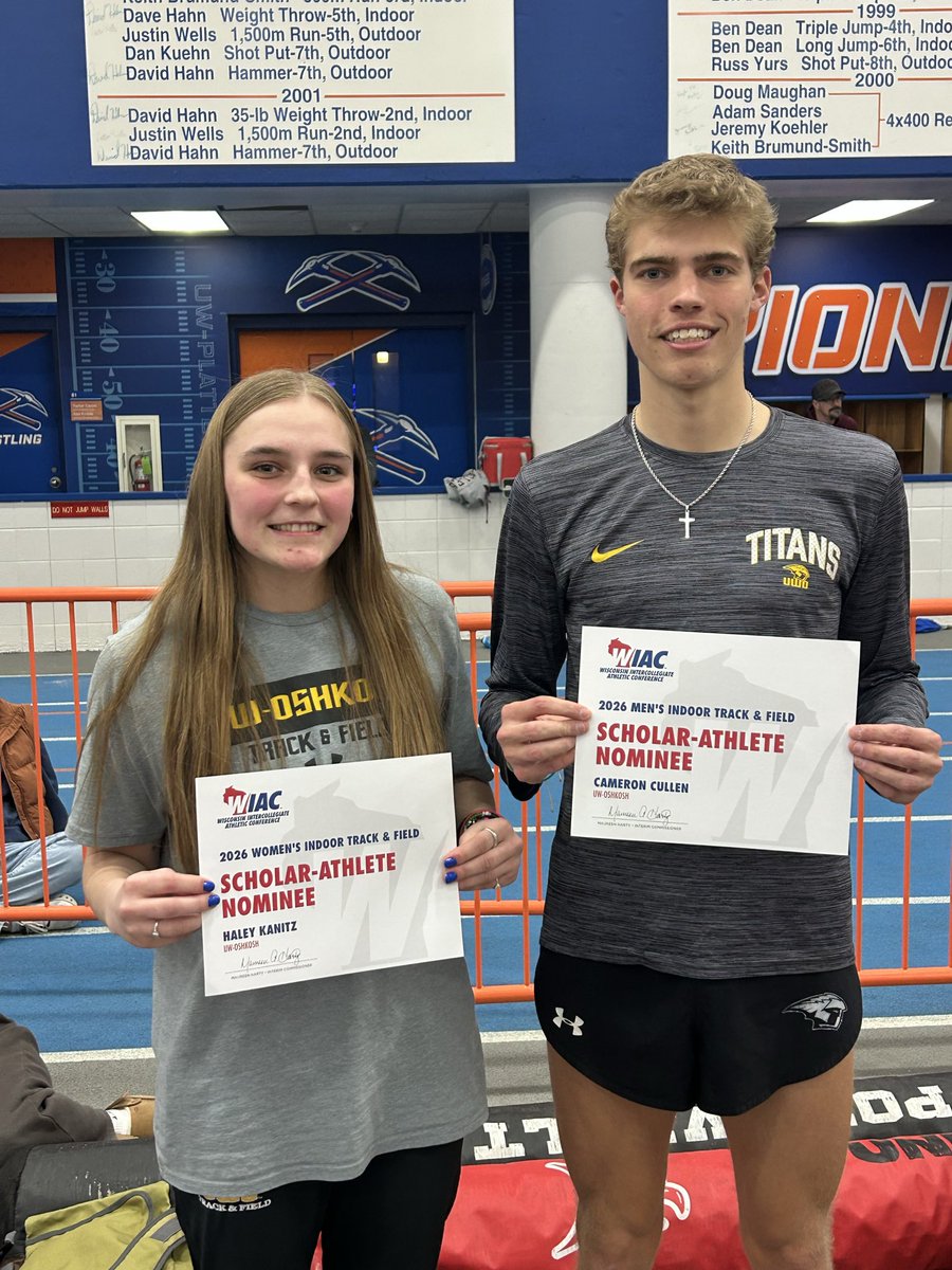 UWOTF_CC's tweet photo. Congrats to our WIAC Scholar Athlete of the Year nominees, seniors Haley Kanitz and Cameron Cullen! Smart, disciplined, talented!  #TitanGoldStandard https://t.co/r5qFOfmGWk