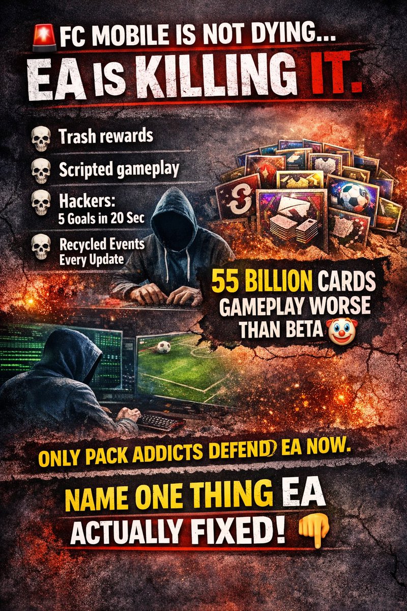 🚨 FC MOBILE IS NOT DYING… EA IS KILLING IT.
Imagine grinding hours just to get:
💀 Trash rewards
💀 Scripted gameplay
💀 Hackers scoring 5 goals in 20 sec
💀 Same recycled events every update
55 BILLION valuation but gameplay feels worse than beta 🤡
At this point only pack