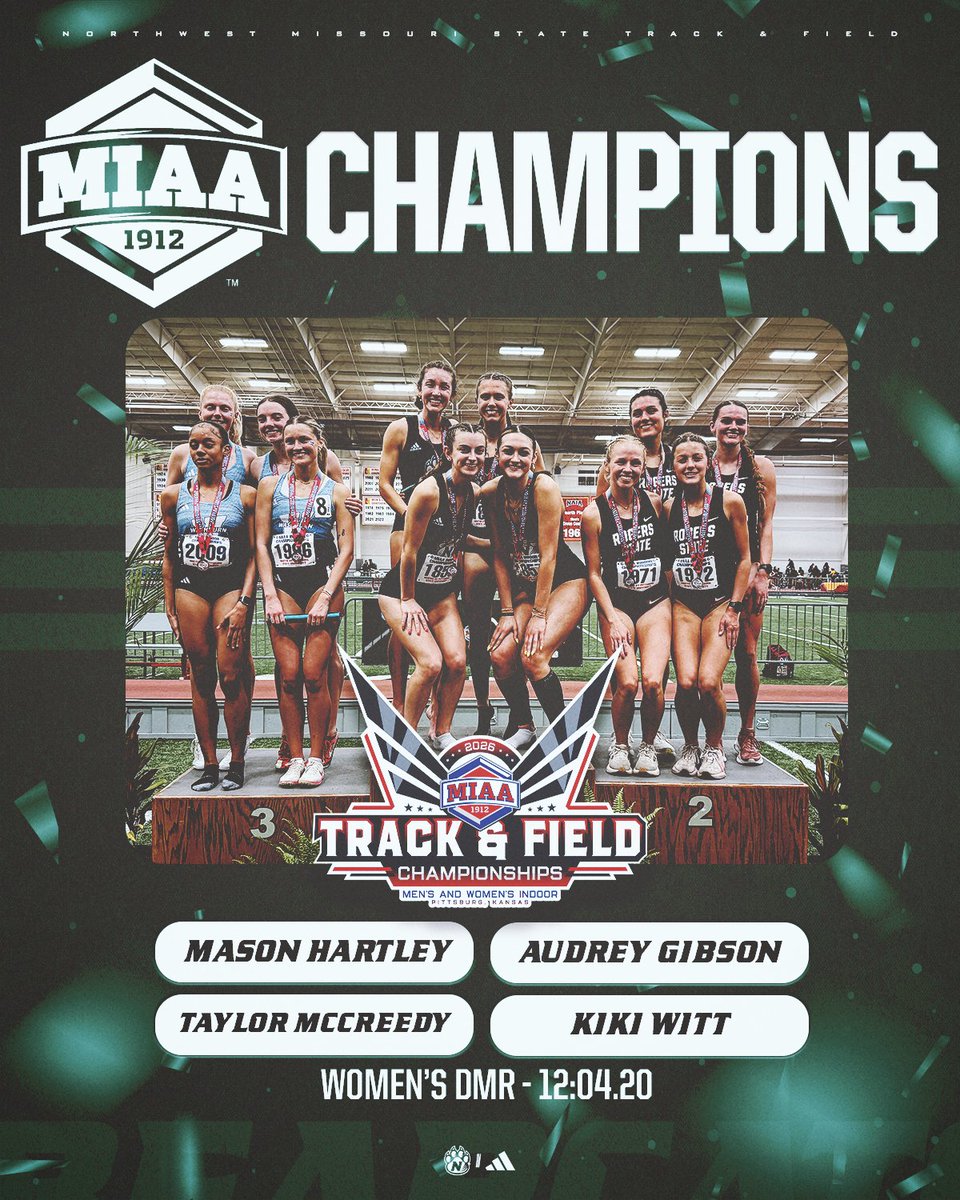 Women's DMR ||| <a href="/TheMIAA/">The MIAA</a> Indoor Championships

🚨𝙈𝙄𝘼𝘼 𝘾𝙃𝘼𝙈𝙋𝙄𝙊𝙉𝙎🚨
🥇: Northwest (M. Hartley, A. Gibson, T. McCreedy, K. Witt) - 12:04.20 

#OABAAB ||| #OneTeamOneDream