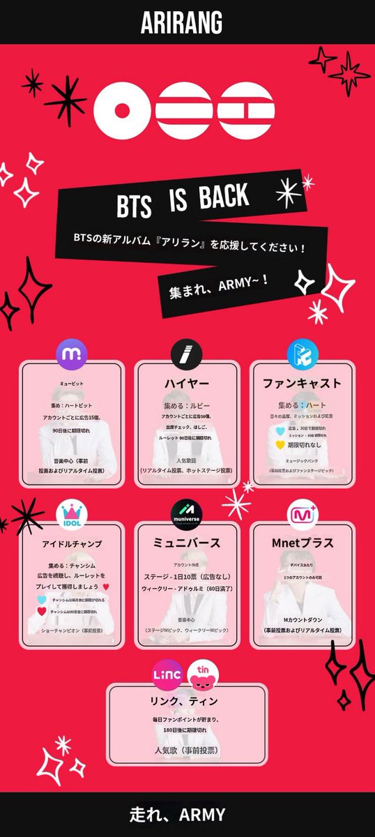 イルアミのみんなへ
3月20日のBTSカムバまで後20日！
我々は本国のメロン🍈には参加できないけど、イルアミにできる事はたくさんある！

1️⃣YouTube ミュス🔥
2️⃣Spotify·Apple Musicスミン🎧
3️⃣音番の投票参加🗳️

⇩この画像にあるアプリをインストールして投票準備をしよう💜
#아미의_ARIRANG_컴백준비