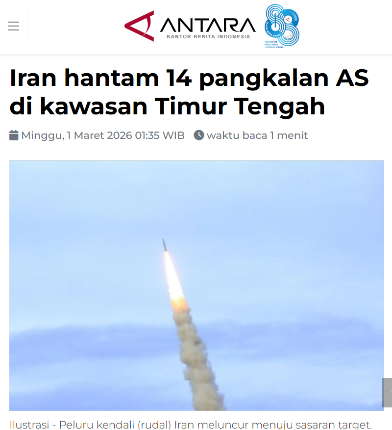 Serangan Iran menghantam 14 pangkalan Amerika Serikat yang berada di Kawasan Timur Tengah dan pusat-pusat penting Israel hingga menewaskan ratusan tentara dari keduanya, menurut Markas Besar Pusat Khatam al-Anbiya Iran pada Sabtu.
Inilah perang antara Amerika Serikat dengan Iran.