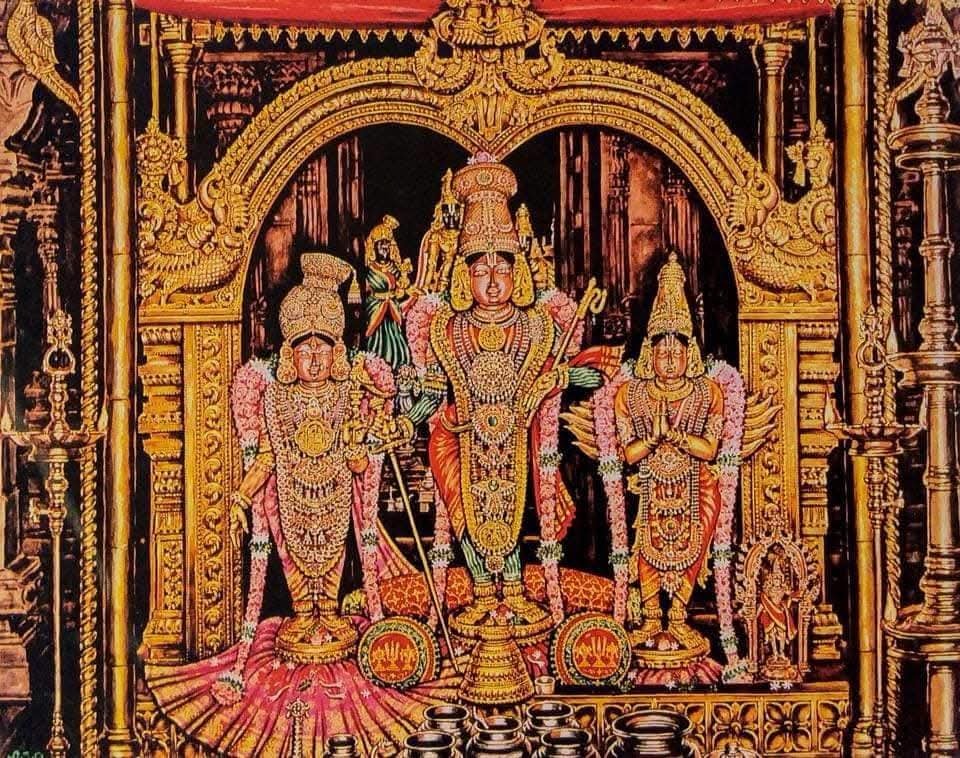 Andal, Rangamannar and Garudan at Srivilliputhur. Moolavar in the background. Painting by #artistsilpi