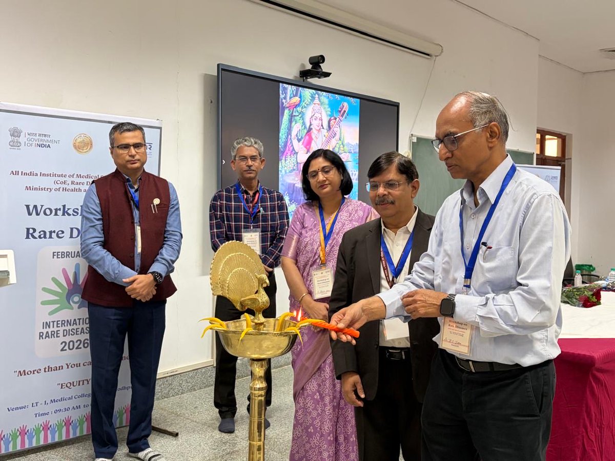 aiims_jodhpur's tweet photo. “Rare diseases are not rare; recognizing them is.” AIIMS Jodhpur, a Center of Excellence for Rare Diseases, conducted a sensitisation program to raise awareness for early diagnosis through collaborative efforts and to highlight role “National Policy on Rare Diseases (NPRD 2021)” of @MoHFW_INDIA plays in supporting care to these patients. Dr B S Jodha, Principal, Dr S N Medical College, with his gracious presence as Chief Guest, exhorted the medical community to spread the message to remote areas in communities. Ms Bharti Sahai & Dr Babita Prasad, represented Rare Disease Cell of Ministry. #RareDiseasesDay 
@PMOIndia @JPNadda @mpprataprao @AnupriyaSPatel @ICMRDELHI @DBTIndia @TribalAffairsIn @NITIAayog