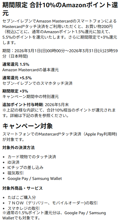 セブン 10%還元 Amazon Mastercard スマートフォンによるMastercard