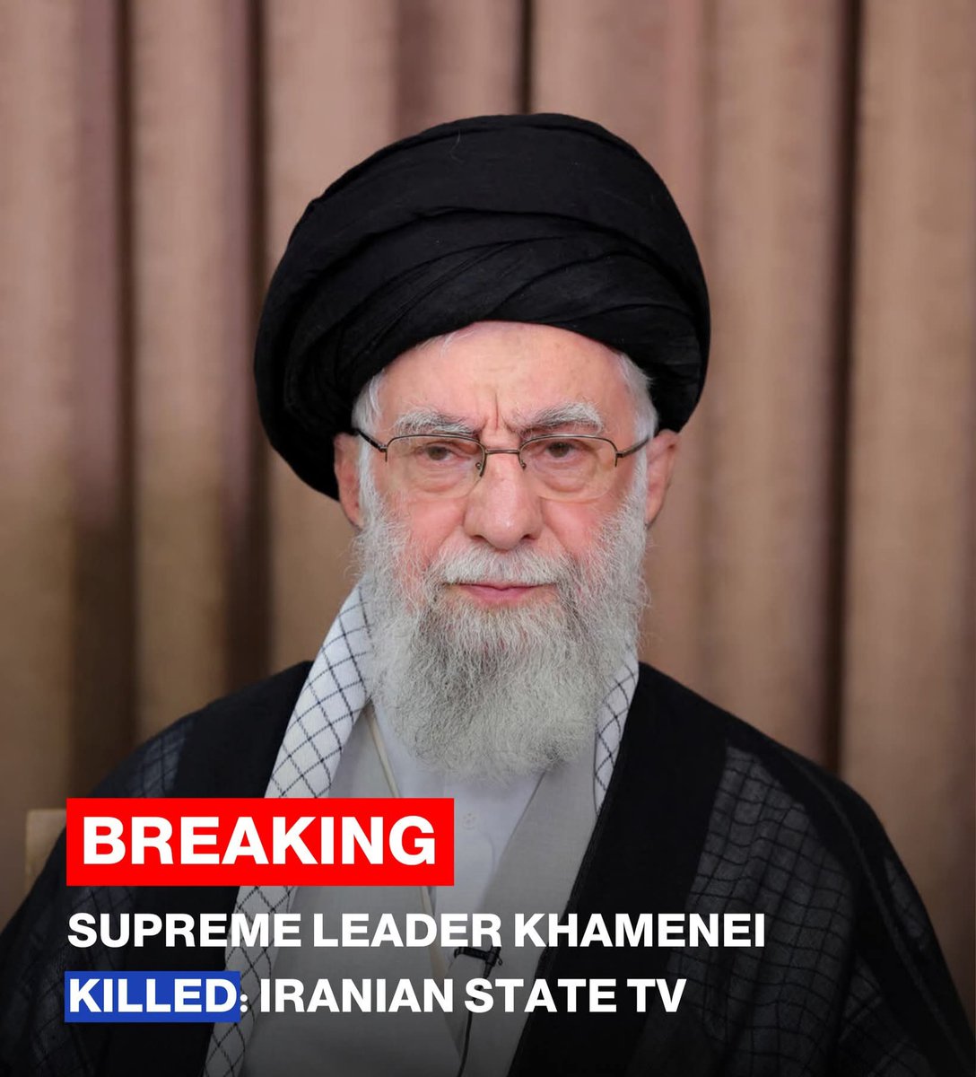 big341528's tweet photo. : Iran’s Fars and Tasnim news agencies say Supreme Leader Ayatollah Ali Khamenei was killed at his office early Saturday while “performing his assigned duties.”

A 40-day period of public mourning has been declared. https://t.co/ot02JNUXg1