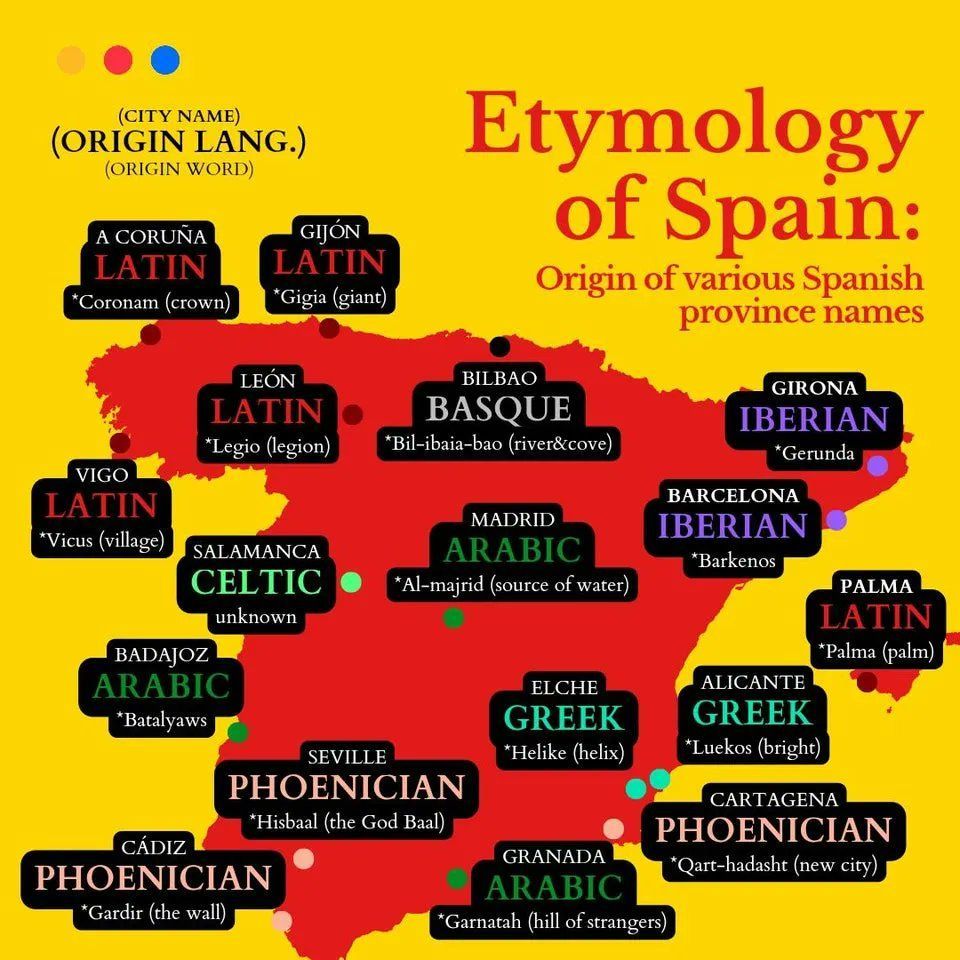 simongerman600's tweet photo. Etymology of Spain. This map shows the origin of various Spanish province names. Source: https://t.co/K13sriRt4Z https://t.co/b6VJ203Oq2