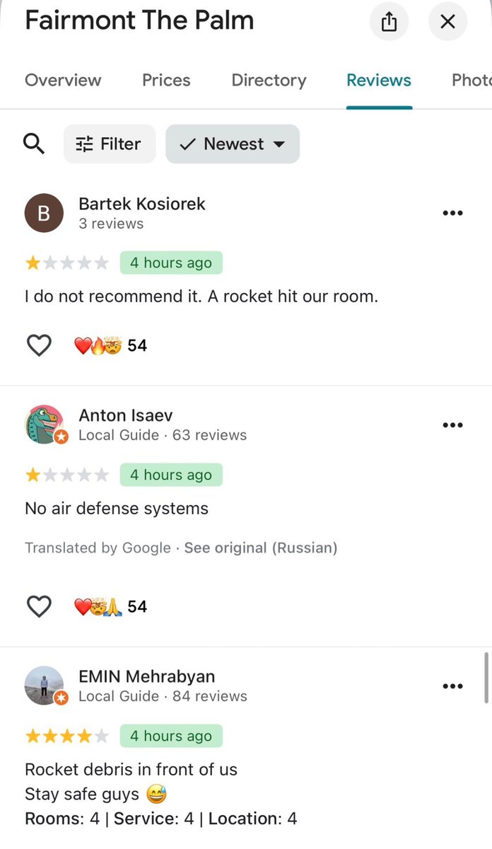 IDKMaybe_00's tweet photo. @BRICSinfo People are leaving google reviews on the Fairmont Palm hotel in Dubai after the missile strike earlier today 😭😭😭 https://t.co/hLY6Km1FIS