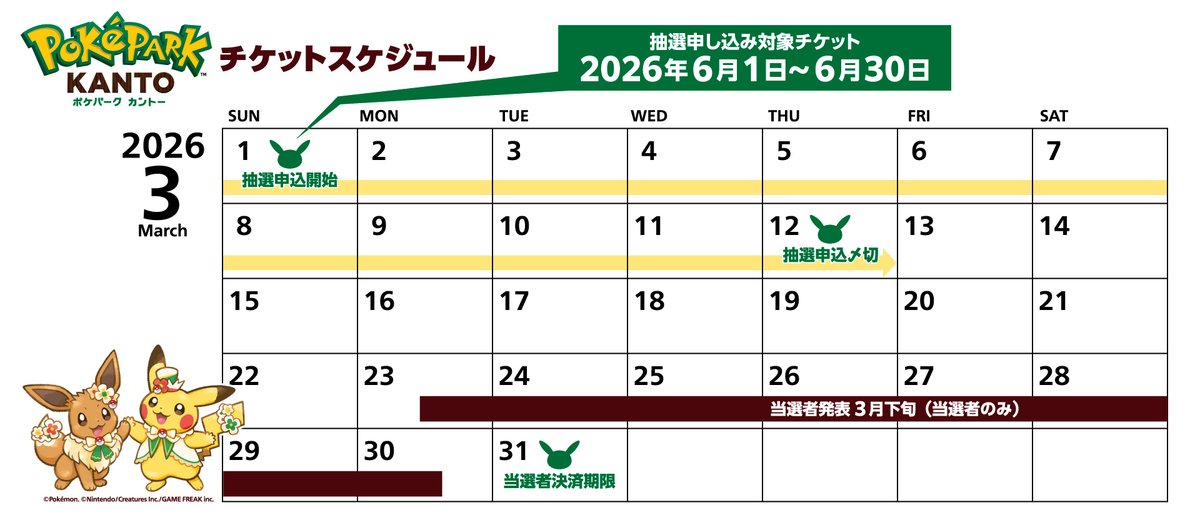 pokecamatomeru's tweet photo. 【ポケパーク カントー チケット抽選販売情報】
本日18時から「ポケパーク カントー」入場チケット(6月1日～6月30日分)の抽選販売受付開始

<抽選販売(6月1日～6月30日分)>
📅受付期間：3月1日(日)18時～3月12日(木)
🎯当選発表：3月下旬頃(当選者のみ)
🛒決済期限：3月31日(火)まで

✅チケット情報 詳細
https://t.co/uJdT0QgTSE