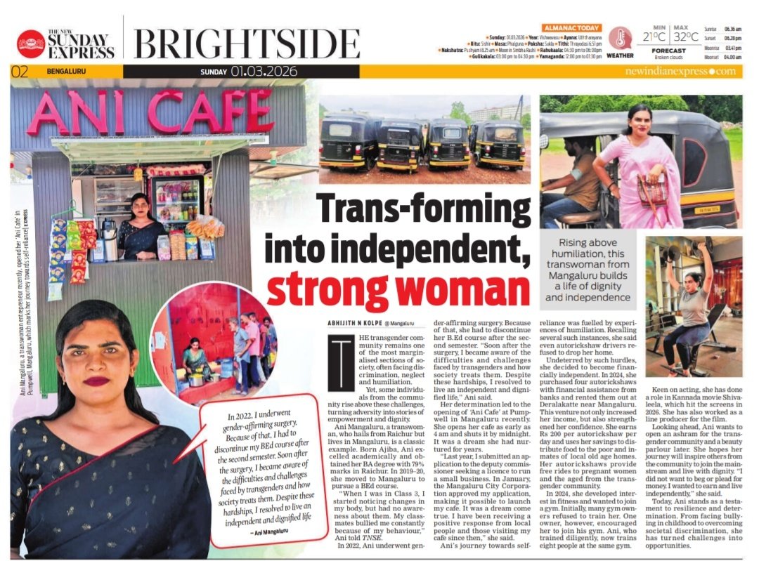 XpressBengaluru's tweet image. #BrightSide
Transgender community continues to face discrimination. Yet, stories like Ani Mangaluru’s inspire hope. From Raichur, she opened “Ani Cafe” at Pumpwell. Running from 4am to midnight, her journey reflects resilence &amp;amp; dignity 

@santwana99 @Cloudnirad @KannadaPrabha