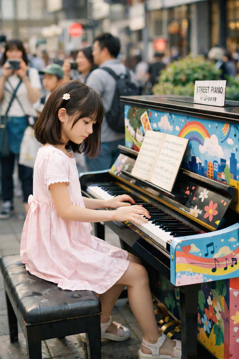 ストリートピアノ弾く ペダルに足が届くかもギリギリな 7歳くらいの