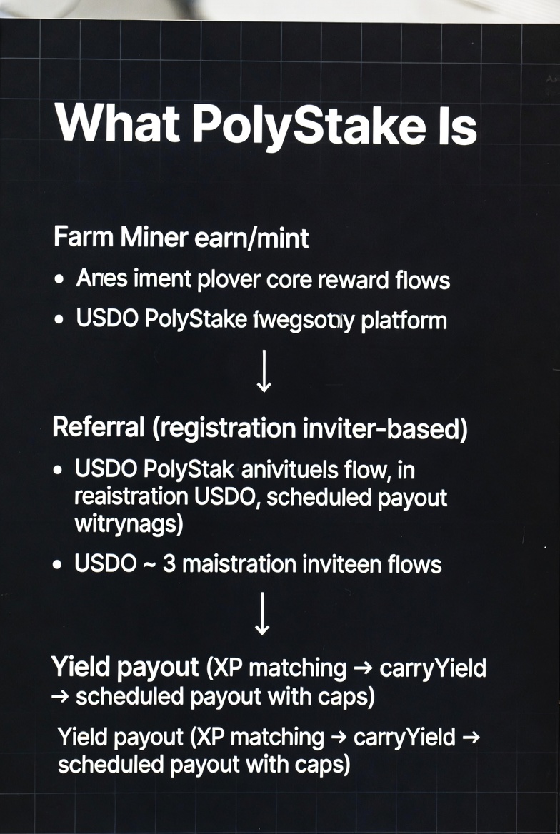 PolyStake_io's tweet photo. What PolyStake Is

PolyStake is an investment platform with 3 core reward flows reflected in USDO:

- Farm Miner earn/mint
- Referral (registration inviter-based)
- Yield payout (XP matching → carryYield → scheduled payout with caps)
#PloyStake