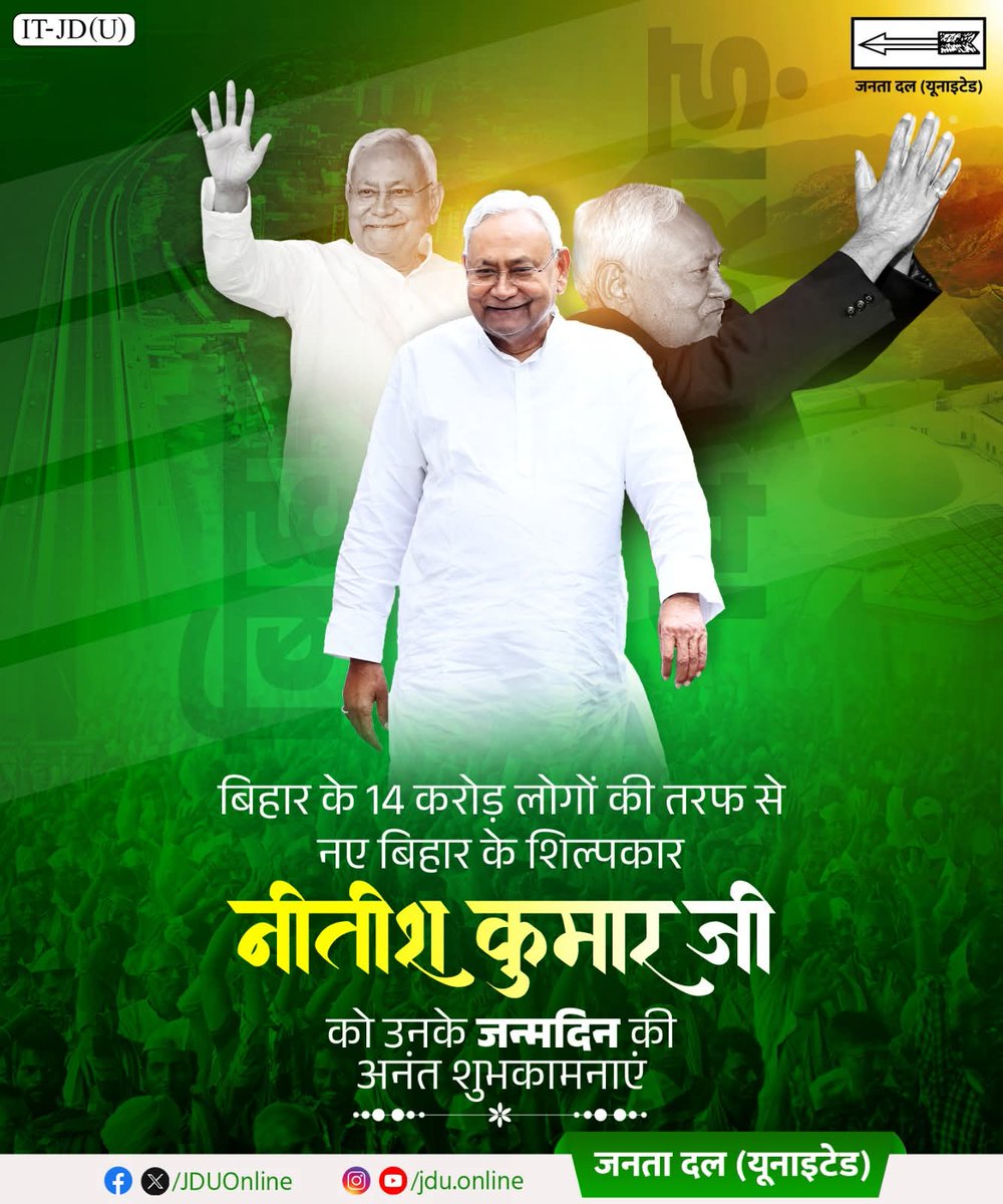बिहार के 14 करोड़ लोगों की तरफ से नए बिहार के शिल्पकार माननीय मुख्यमंत्री श्री नीतीश कुमार जी को जन्मदिन की अनंत शुभकामनाएं।

Nitish Kumar 

#HappyBirthdayNitishJi 
#Bihar #NitishKumar #JDU #JanataDalUnited