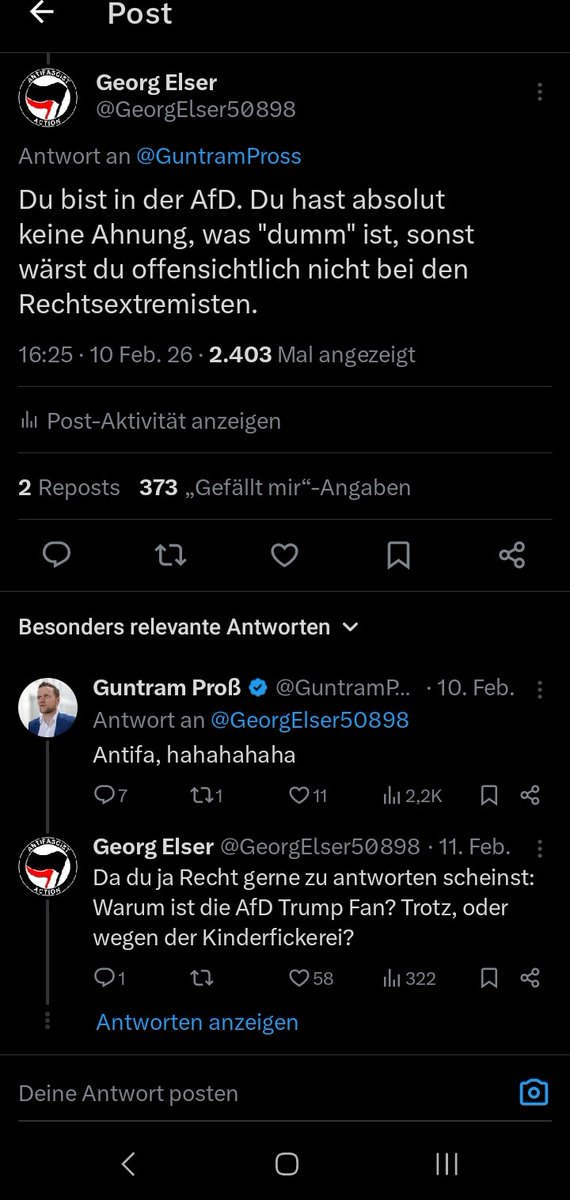 Nicht mal unter ihrem eigenen Post auf X schaffen es die #Rechtsextremisten von der #AfD noch, das „Wir sind das Volk“-Narrativ aufrechtzuerhalten. GEGEN EINEN KLEINEN ANTIFASCHISTEN MIT 23 FOLLOWERN.😂😂😂😂 <a href="/GuntramPross/">Guntram Proß</a>