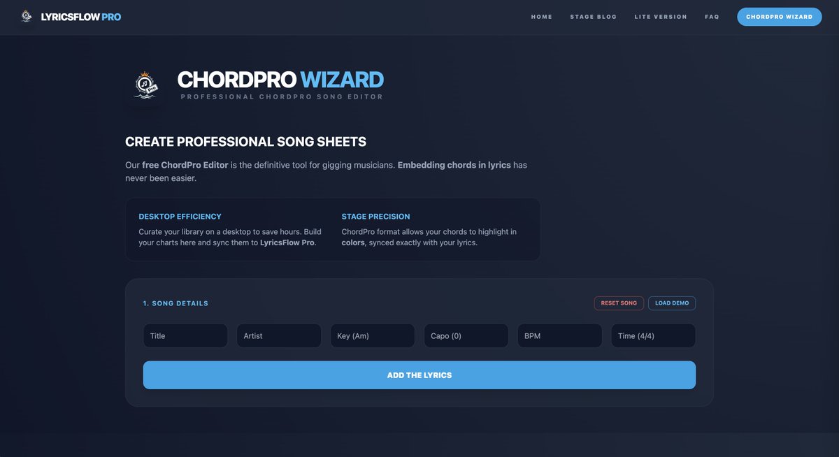 SongwriterAndy's tweet photo. Hey singers / musicians we built a Free online utility for creating ChordPro songs without knowing the shortcodes. It's called the Chord Pro Wizard.
It works seamlessly with our Song Teleprompter LyricsFlow Pro (link in the comments).
Here's the Wizard:
https://t.co/SWdy1W1B2I https://t.co/nmk1F4TS6a