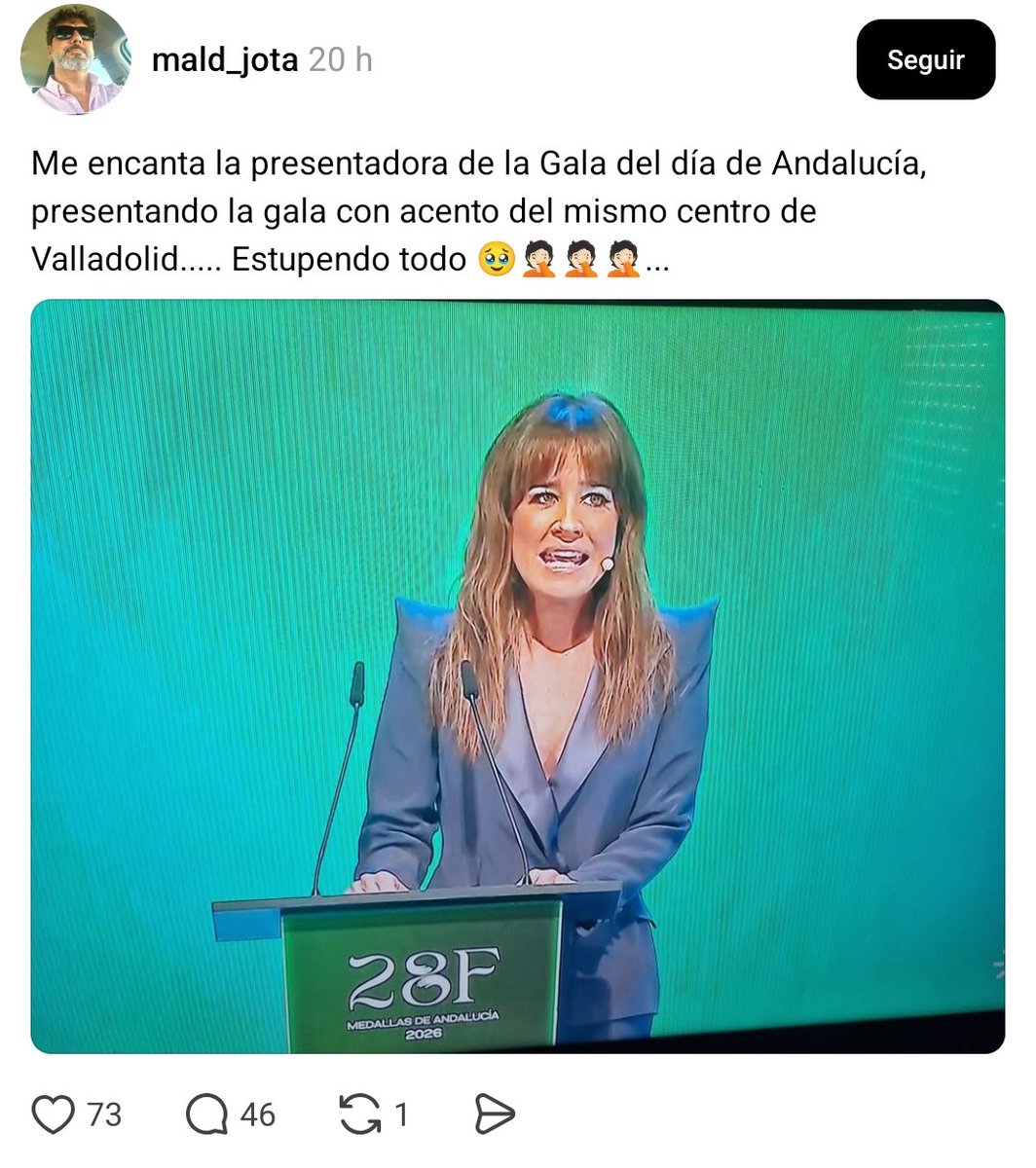 Isabel Jiménez es almeriense y como tal es su acento. Pues para los mongolos andalusíes solo es válido el "illo miarma".
Luego se preguntan cómo no nos sentimos integrados en esta Andalucía de meme y comparsa.