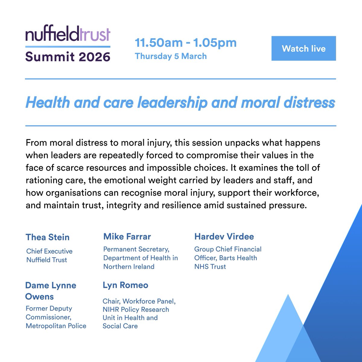 NuffieldTrust's tweet photo. What does it mean to lead ethically and compassionately in pressured health and care systems?
Our chief exec @Thea_Stein will set the scene, followed by a panel of public sector leaders on managing moral distress.
Watch at #ntsummit: https://t.co/URDhlI3aOW https://t.co/IbchD2Lobi