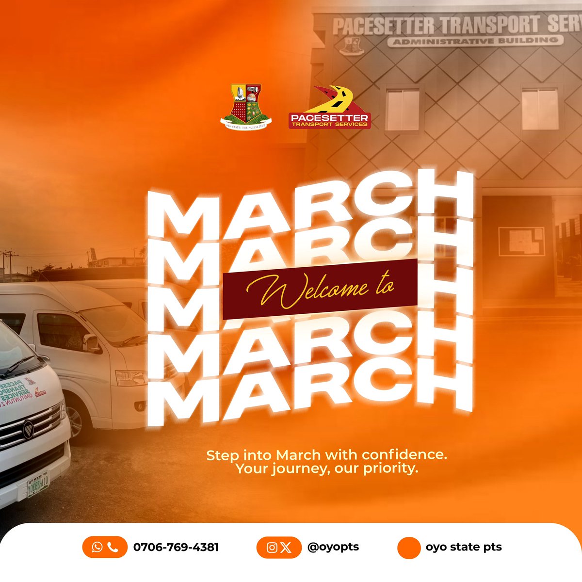 OyoPts's tweet photo. Welcome to March!
At Pacesetter Transport Services, we remain committed to safe, reliable and comfortable journeys throughout the month and beyond.
Let’s move forward together. #pacesettertransportservices #ptsexpress #dikkonahpower #dikkosalami #oyopts https://t.co/4cShgGzoBp