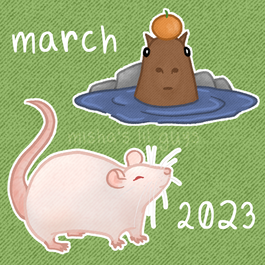 serratedsheep's tweet photo. i am starting a 💥MONTHLY STICKER CLUB 💥!!!!!!!

MARCH STICKERS:🐀RAT🐀 &amp; 🍊CAPYBARA🍊

join on patreon for only $4/month :D

patreon link: https://t.co/xZ4nPT93Gp
online store link (see the whole selection!):
https://t.co/ez8pwk5AxB https://t.co/cDLS0dqFpu