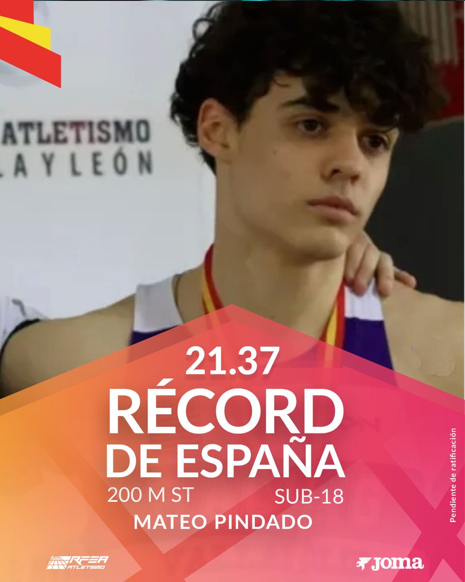 atletismoRFEA's tweet photo. Desde Salamanca nos llega otro récord de 🇪🇸

𝐌𝐚𝐭𝐞𝐨 𝐏𝐢𝐧𝐝𝐚𝐝𝐨  2⃣1⃣. 3⃣7⃣  en 200 m
Récórd de España Sub18
(igualada la plusmarca de Alberto Gavaldá en 2009)
Y además 7º sub20 de todos los tiempos

👉 Su mejor estreno en esta categoría sub18
(En sub16 ya posee compartido el de 60 m con 6.89)