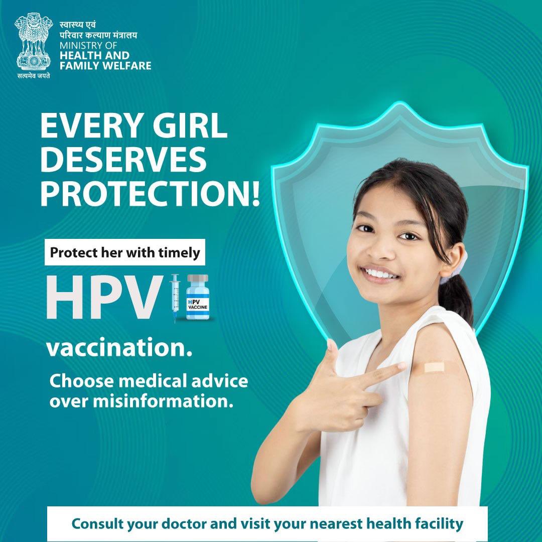 MoHFW_INDIA's tweet photo. When we protect our daughters, we strengthen our nation’s future. HPV vaccination significantly reduces the risk of cervical cancer and has been safely administered across the world for years. Early protection can make a lifelong difference.

Visit your nearest health facility and ensure timely vaccination.

#HPVVaccine
#CervicalCancer
#SwasthNariViksitBharat
