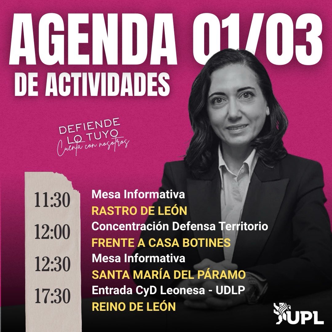 Hoy 𝒏𝒐𝒔 𝒗𝒆𝒎𝒐𝒔 en:

➡️ A partir de las 11:30 en el rastro de León 
➡️ 12:00 en la concentración en defensa del territorio
➡️ Desde las 12:30 en Santa María del Páramo
➡️ En torno a las 17:15-17:30 en la entrada del Reino de León

#DefiendeLoTuyo🦁 𝙑𝙊𝙏𝘼 𝙐𝙋𝙇 🗳️🦁