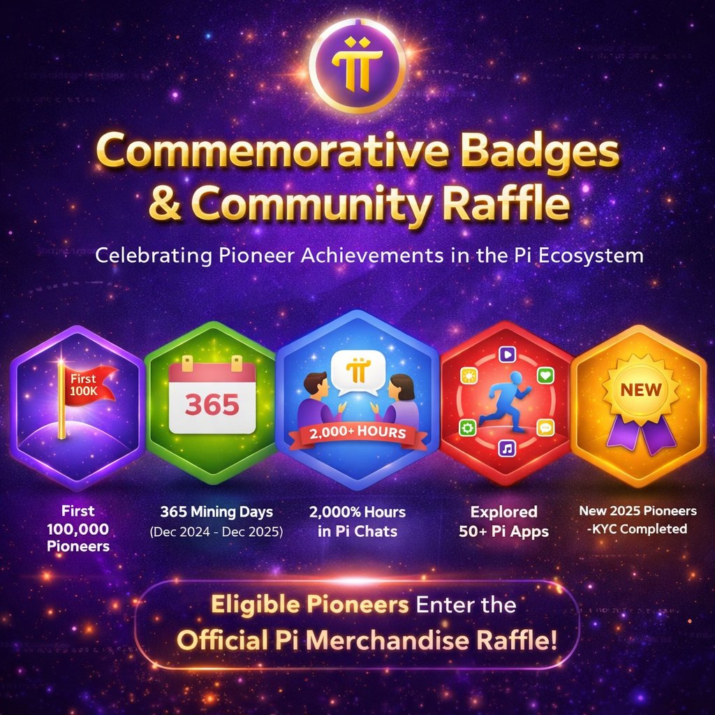 🎖️✨ Commemorative Badges &amp; Community Raffle Are Here! ✨🎖️

Celebrating the dedication of our amazing Pioneers 💜🚀

Eligible Pioneers include 👇

🏆 First 100,000 to join Pi Network
⛏️ Mined 365 days (Dec 2024 – Dec 2025)
💬 Spent 2,000+ hours in Pi Chats
📱 Explored 50+ Pi