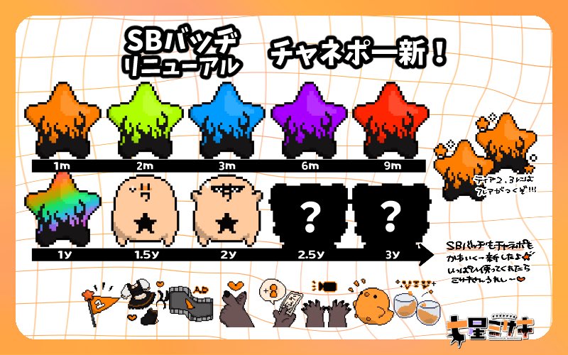 これを機に‼️
ずぅ〜〜〜っと放置だったサブスクバッヂとちゃねぽもリニューアルしました🕺✨✨
ちっちゃいドットのアイコンが並んでるの可愛いね🥺🧡

いっぱい使ってほち〜〜💭💭💭