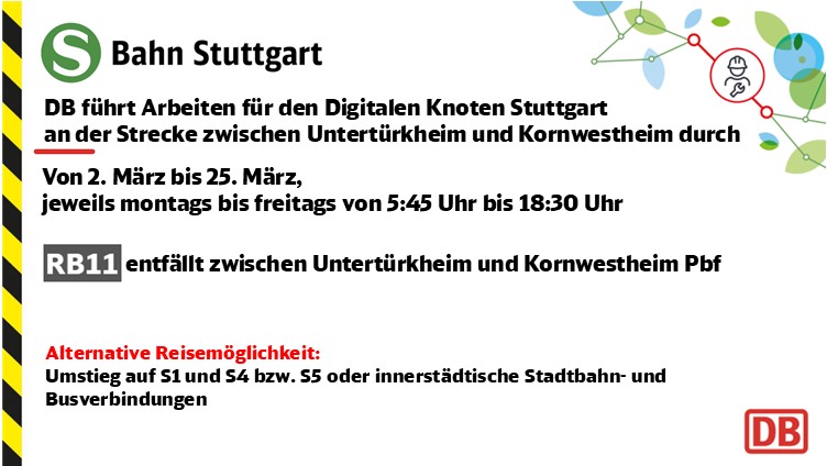 SBahn_Stuttgart's tweet photo. 🚧#Drandenken 🚧
Vom 2. bis 25. März, arbeitet die DB an der Strecke für den #DigitalenKnotenStuttgart.
Die Linie #RB11 (#Schusterbahn) fällt zwischen #Untertürkheim und #Kornwestheim aus.
Details hier: 👉 https://t.co/zJL6ogeMMI https://t.co/mjcM93BMwQ