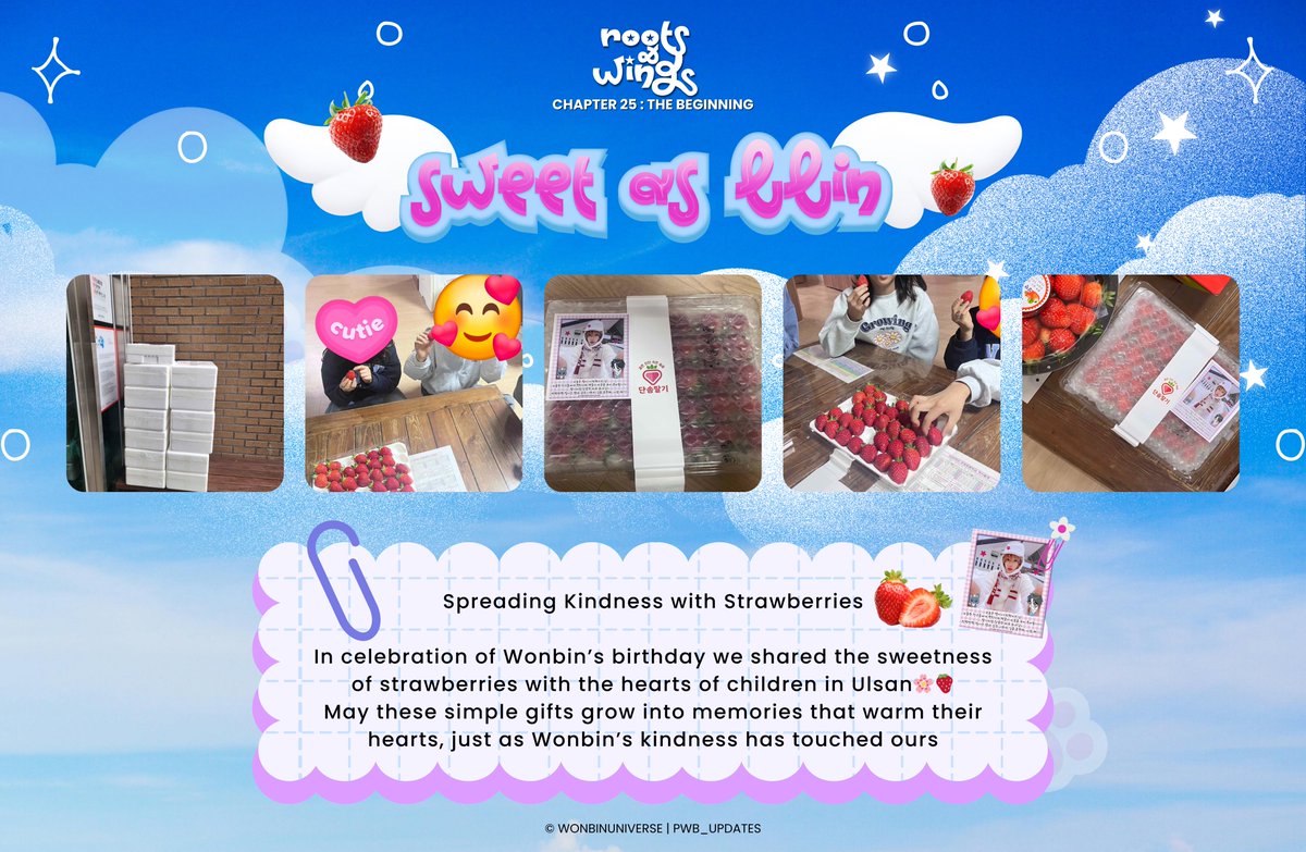𝙎𝙬𝙚𝙚𝙩 𝙖𝙨 𝘽𝙗𝙞𝙣: 𝙎𝙥𝙧𝙚𝙖𝙙𝙞𝙣𝙜 𝙆𝙞𝙣𝙙𝙣𝙚𝙨𝙨 𝙬𝙞𝙩𝙝 𝙎𝙩𝙧𝙖𝙬𝙗𝙚𝙧𝙧𝙞𝙚𝙨🍓🌸

2026 Wonbin’s Birthday Project

In celebration of Wonbin’s birthday, we shared the sweetness of strawberries with the precious children at an Orphanage in Ulsan💖

What may seem