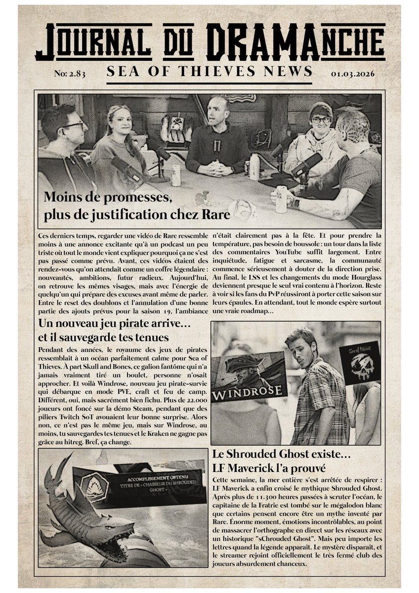 Cette semaine dans votre journal:    
➡️ Un podcast pas très festif
➡️ Un nouveau jeu de pirate arrive 
➡️ <a href="/maverick130284/">LF MAVERICK</a> croise le Shrouded Ghost

Suivez l'actualité de #SeaOfThieves dans le Journal du DRAMAnche !  

JDD No: 2.83 - 01/03/2026

<a href="/SeaOfThieves/">Sea of Thieves</a>
#SeaOfThieves