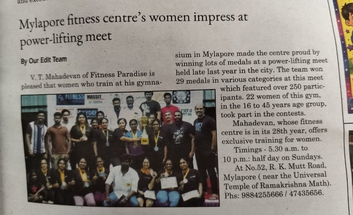 mahagym's tweet photo. Today 28/02/26 Mylapore times Article of our Fitness Paradise. https://t.co/rSRrpkRZAa