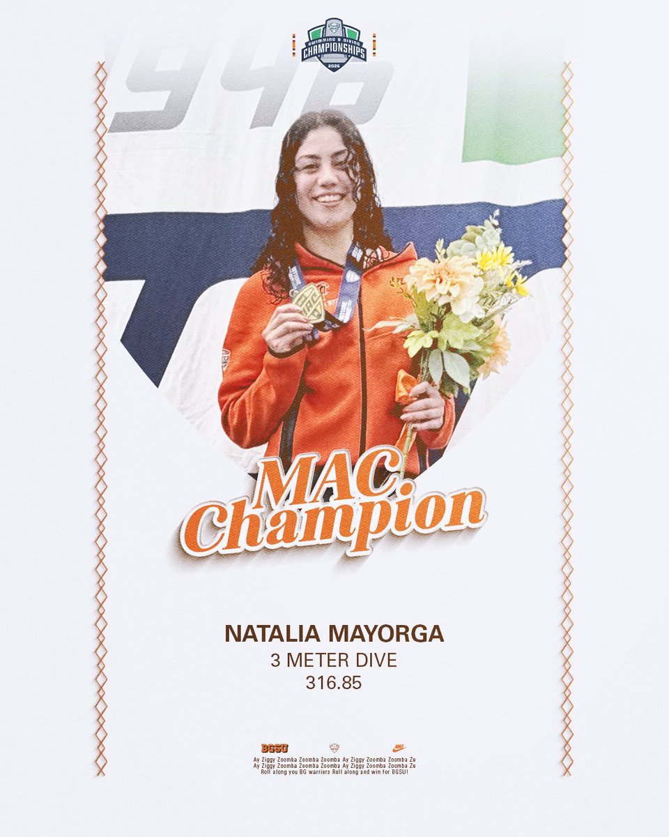 BGSU_SwimDive's tweet photo. 𝟐𝟎𝟐𝟔 𝐌𝐀𝐂 𝐂𝐇𝐀𝐌𝐏𝐈𝐎𝐍

Natalia Mayorga wins the 3-Meter Dive with a score of 316.85 🔥 

#AyZiggy | #FalconFast https://t.co/GqNqpejkS2